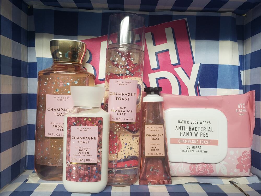 BBW Champagne Toast Body Wash Fragrance Mist Body & Hand Cream & Hand Wipe